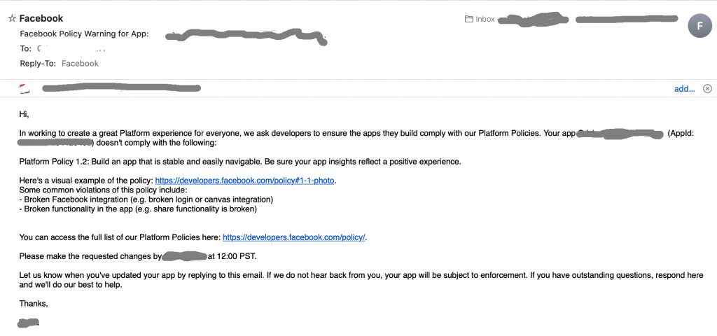 Facebook Policy Warning for App