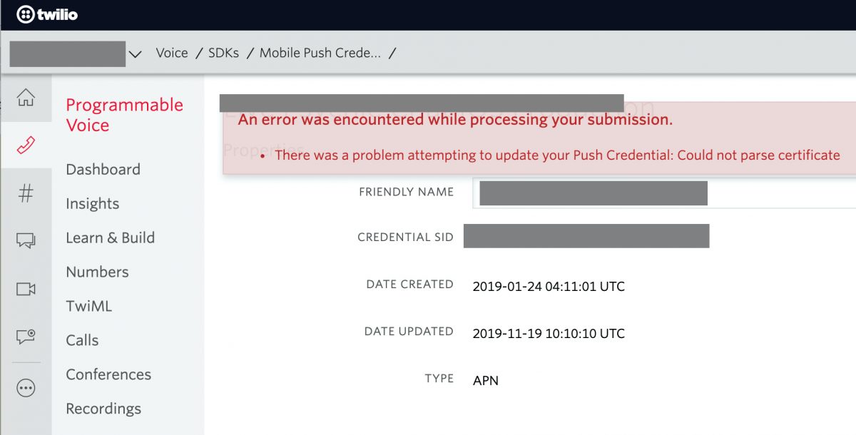 An error was encountered while processing your submission. There was a problem attempting to update your Push Credential- Could not parse certificate