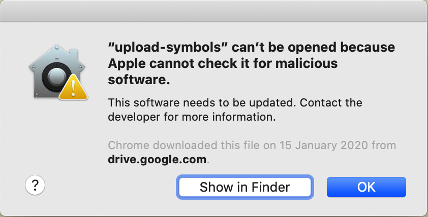 “upload-symbols” can’t be opened because Apple cannot check it for malicious software.