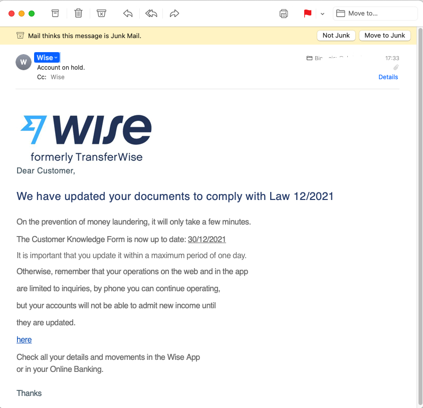 Wise Account on hold phishing email