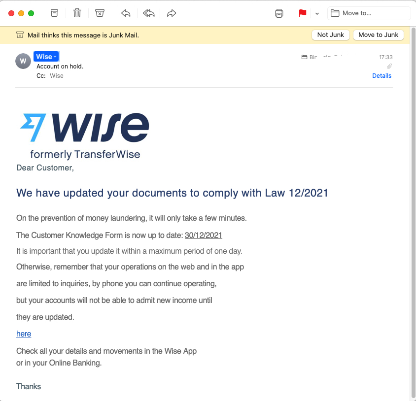 Wise Account on Hold Phising Email