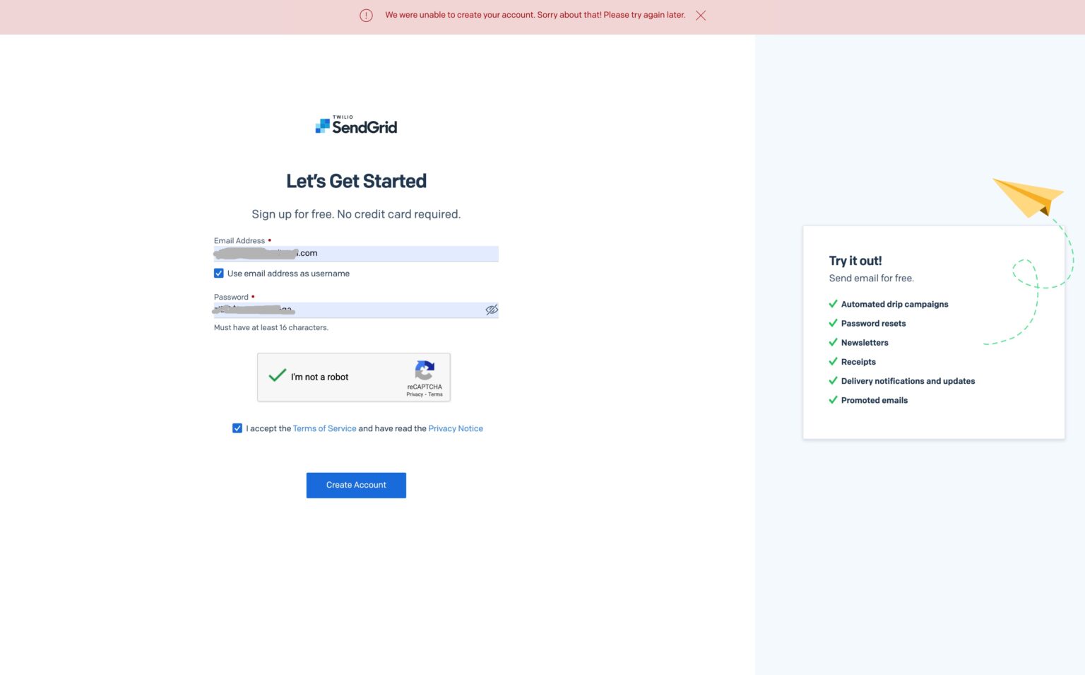 SendGrid Account Creation Error We were unable to create your account