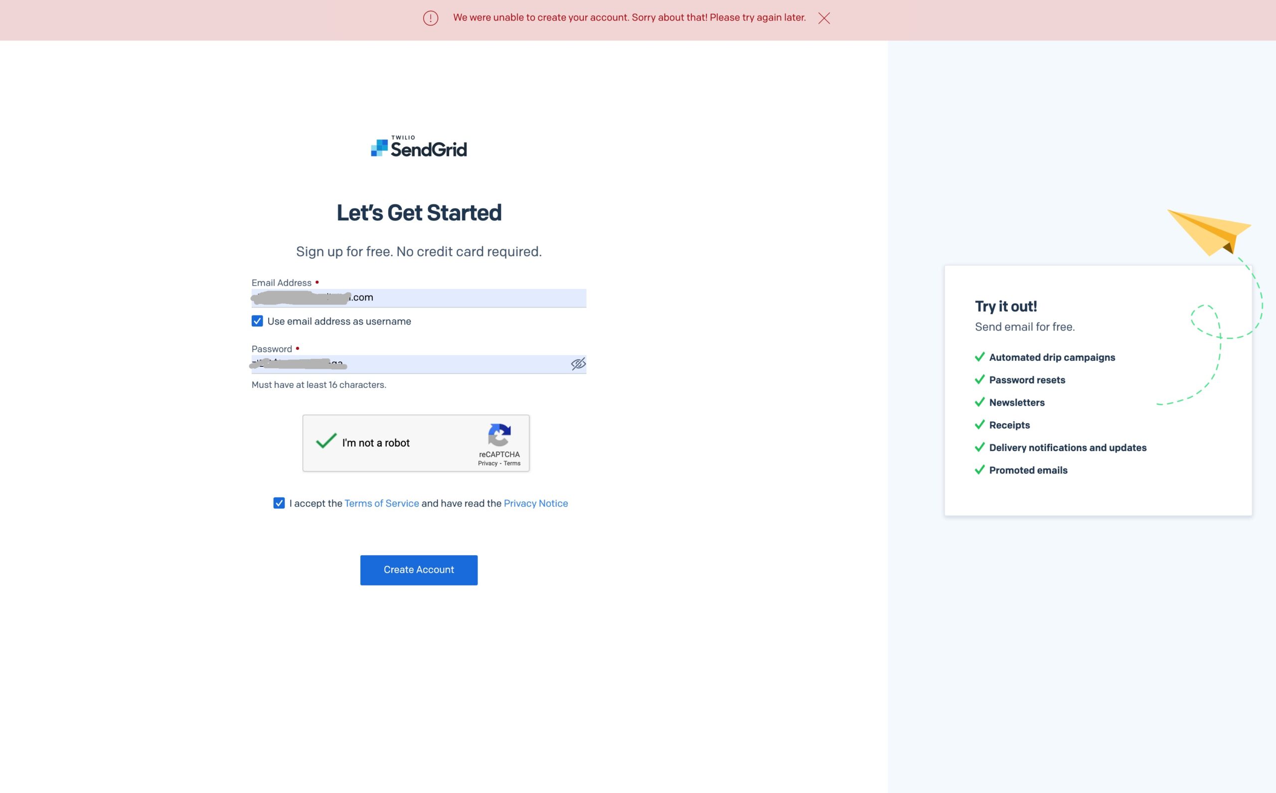 SendGrid Account Creation Error: We were unable to create your account. Sorry about that! Please try again later. [SOLVED]