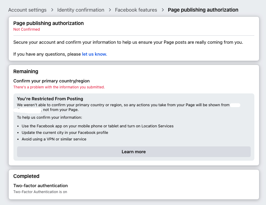 Facebook: You’re restricted from acting as your Page until you complete Page Publishing Authorization